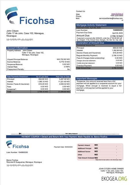 Modèle Word et PDF de relevé hypothécaire de la Banco Ficohsa du Nicaragua